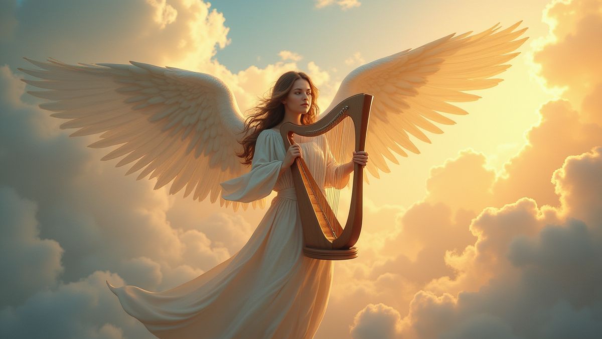 Een vrouwelijke engel die een harp vasthoudt, omringd door gloeiende wolken.