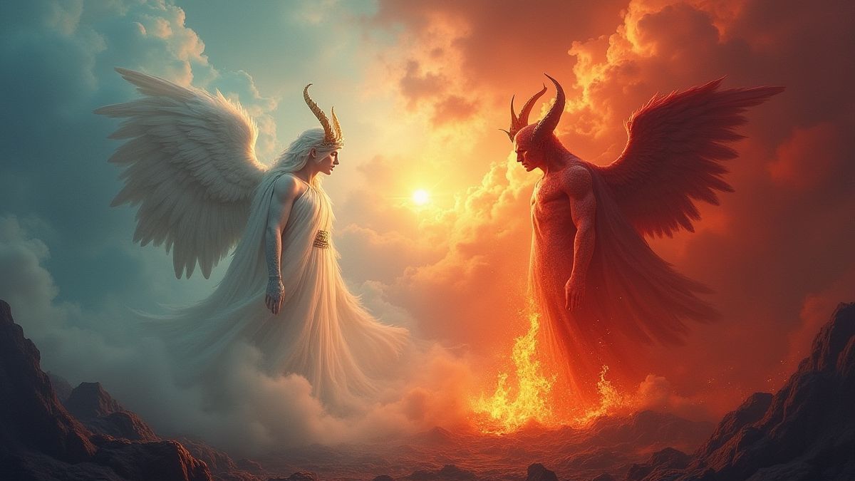 Scene of clouds and fire representing angel and devil.