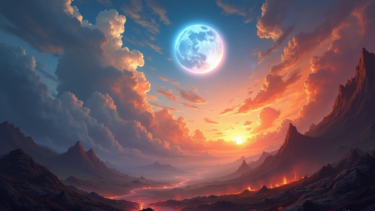 Reino místico com céus dourados e abismos infernais.