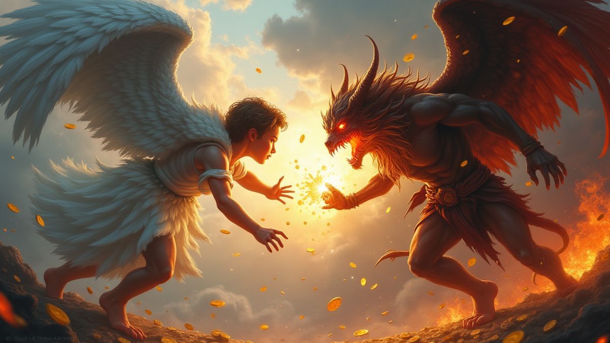 Batalha entre anjo e demônio com efeitos brilhantes e moedas caindo.
