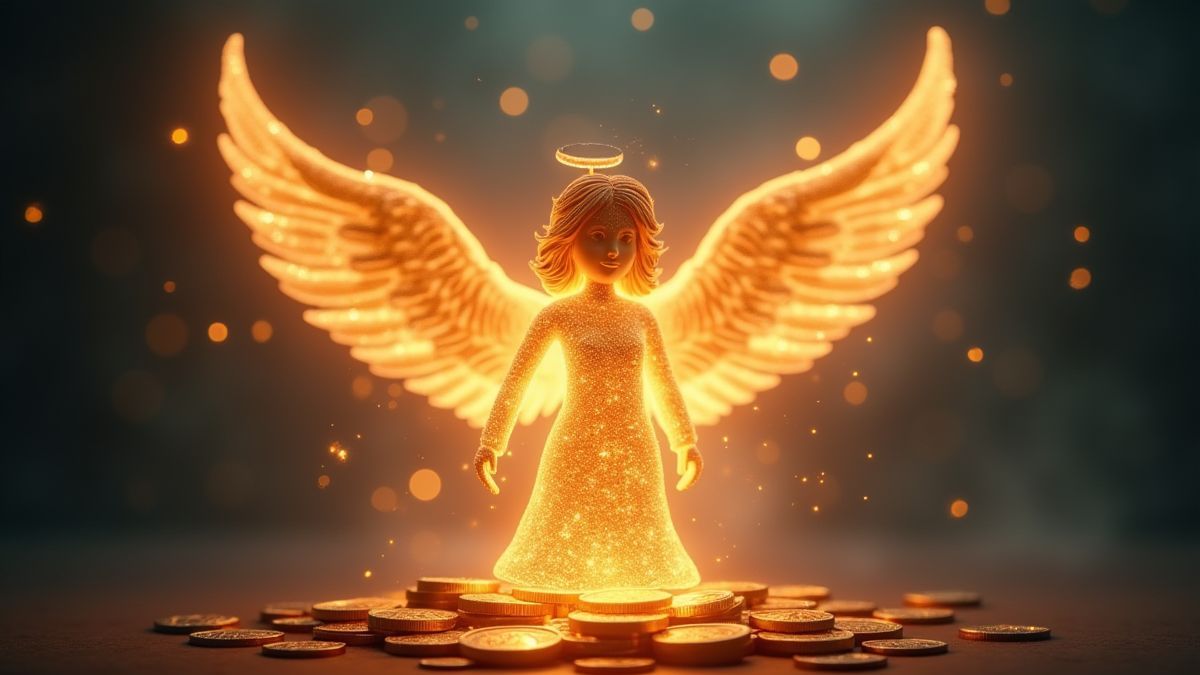 Figura angelical rodeada de moedas e raios de luz.