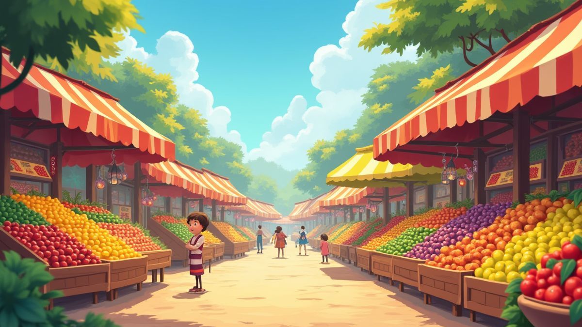Mercado de frutas animado lleno de personajes vibrantes.
