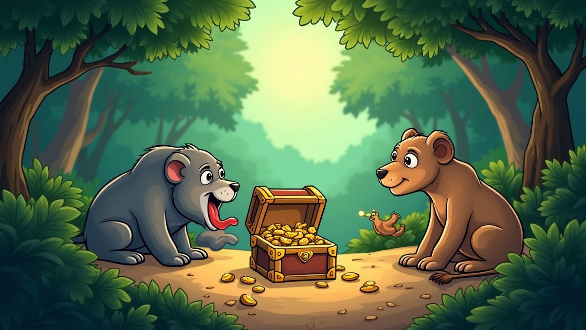 Animales en una jungla buscando tesoros.