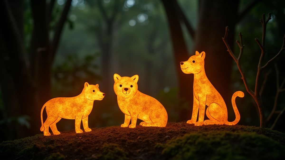 Símbolos dorados de animales brillando en una jungla.