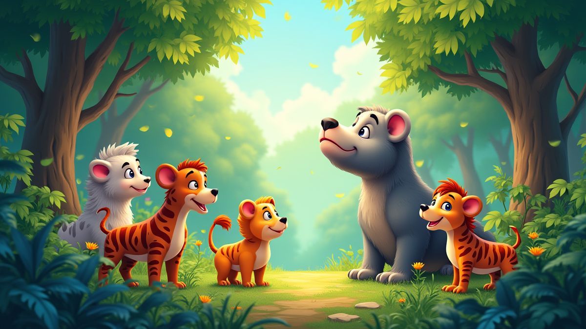 Jungla colorida con animales animados interactuando.