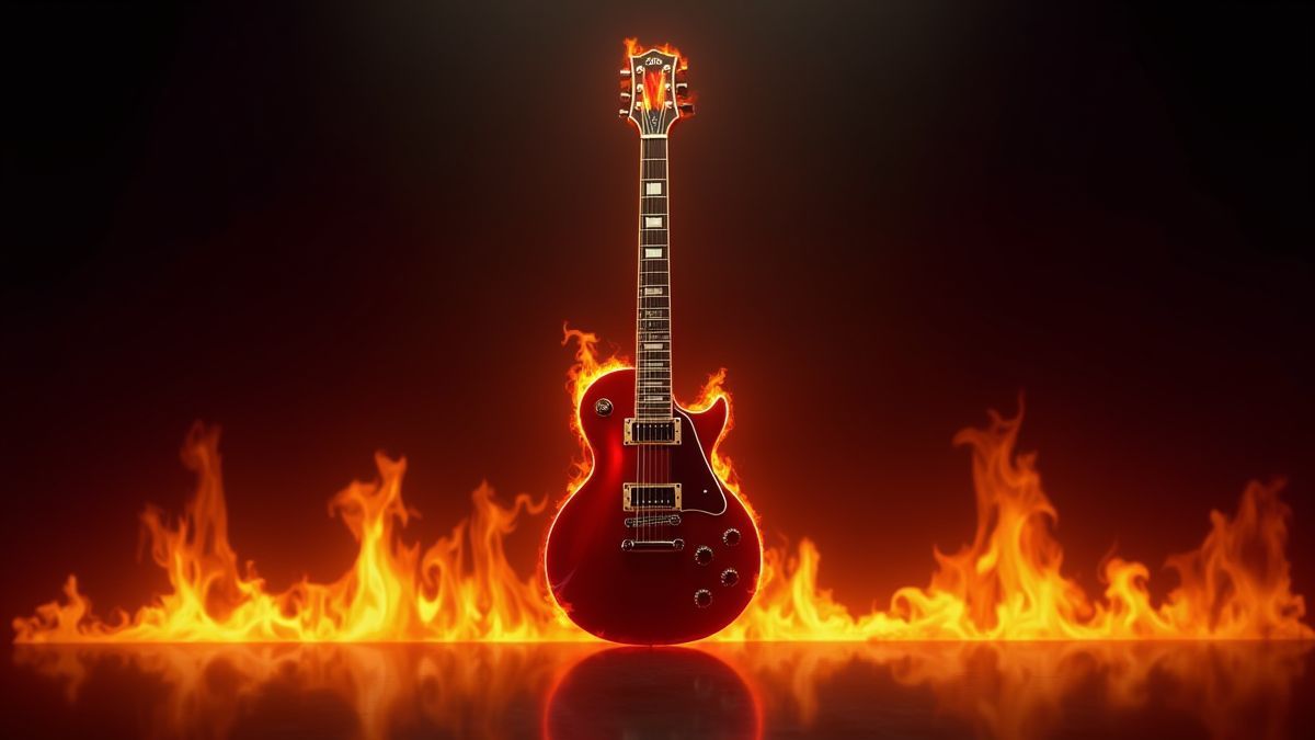 Eine elektrische Gitarre, umgeben von Flammen auf einer dunklen Bühne.