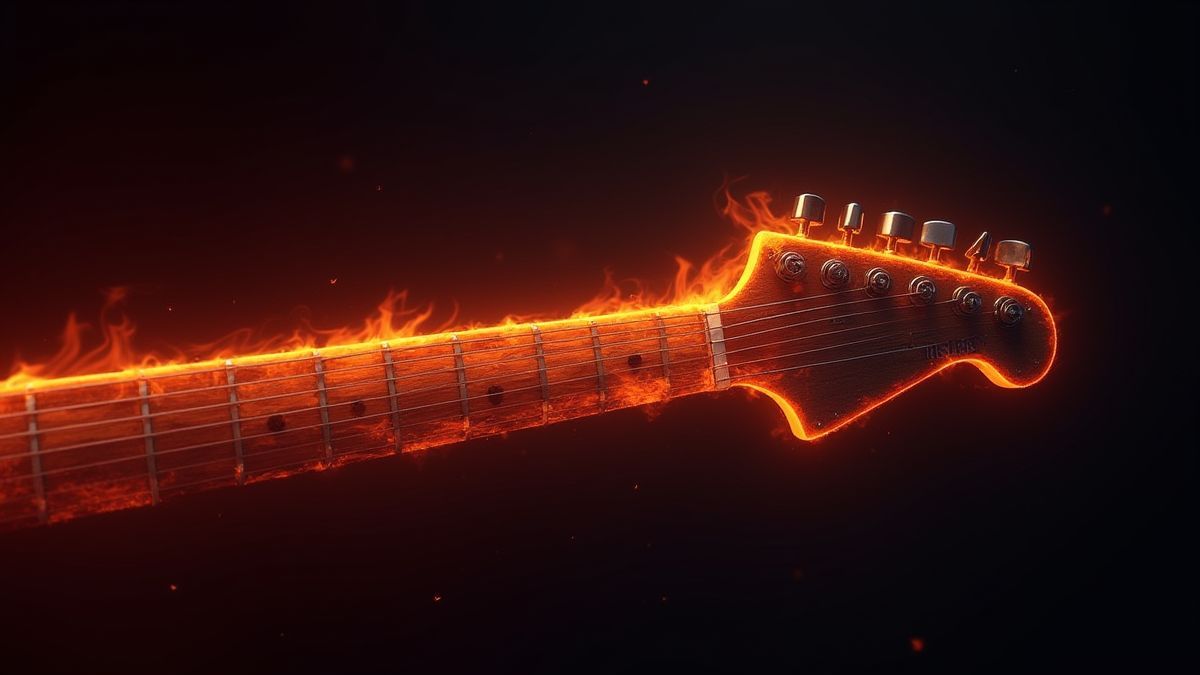Feurige Spuren, die eine Gitarre auf einem dunklen Hintergrund hinterlässt.
