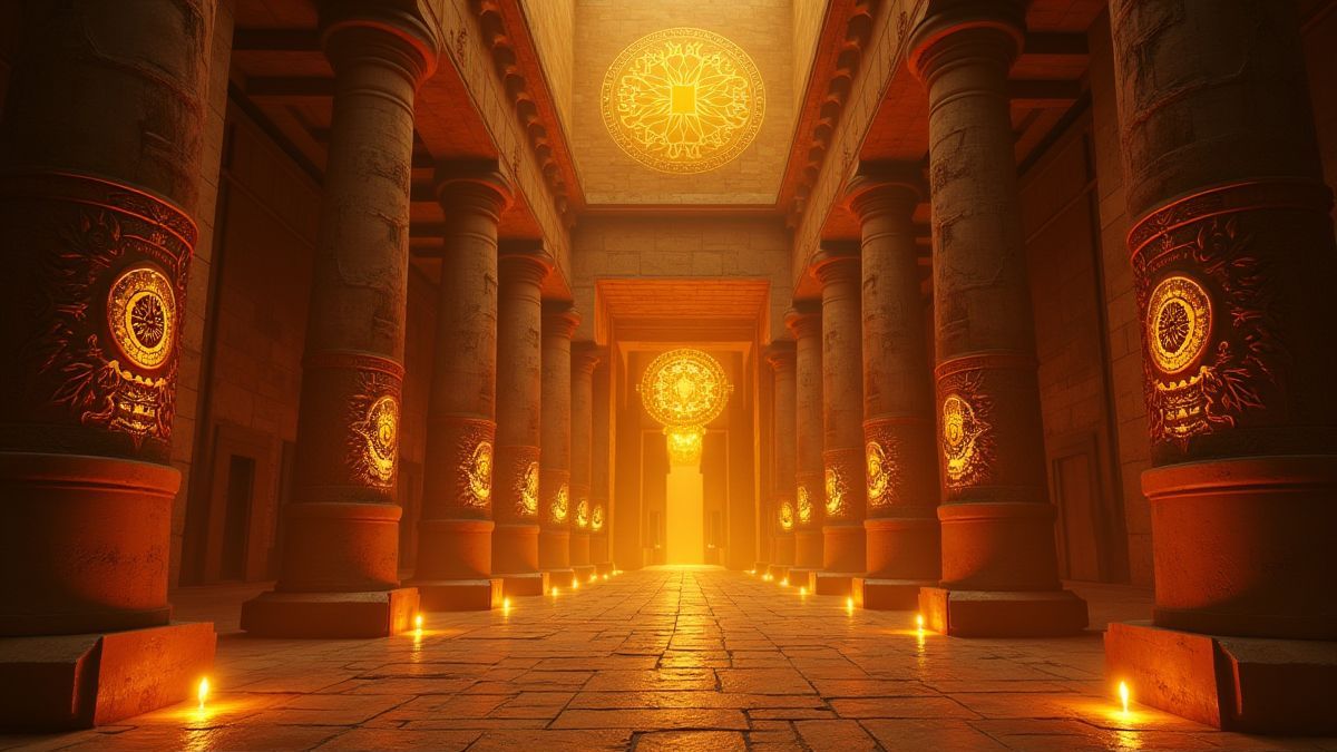 Un temple mésopotamien avec des symboles brillants et lumière dorée