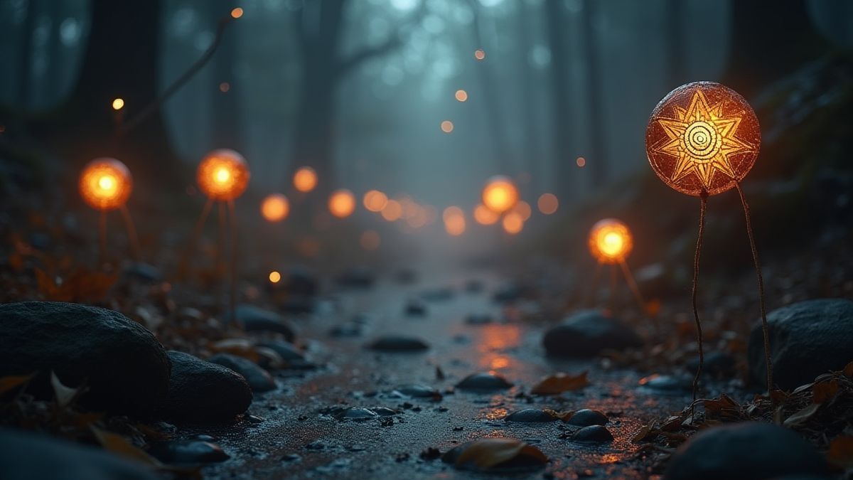 Symboles anciens flottant dans une ambiance mystique