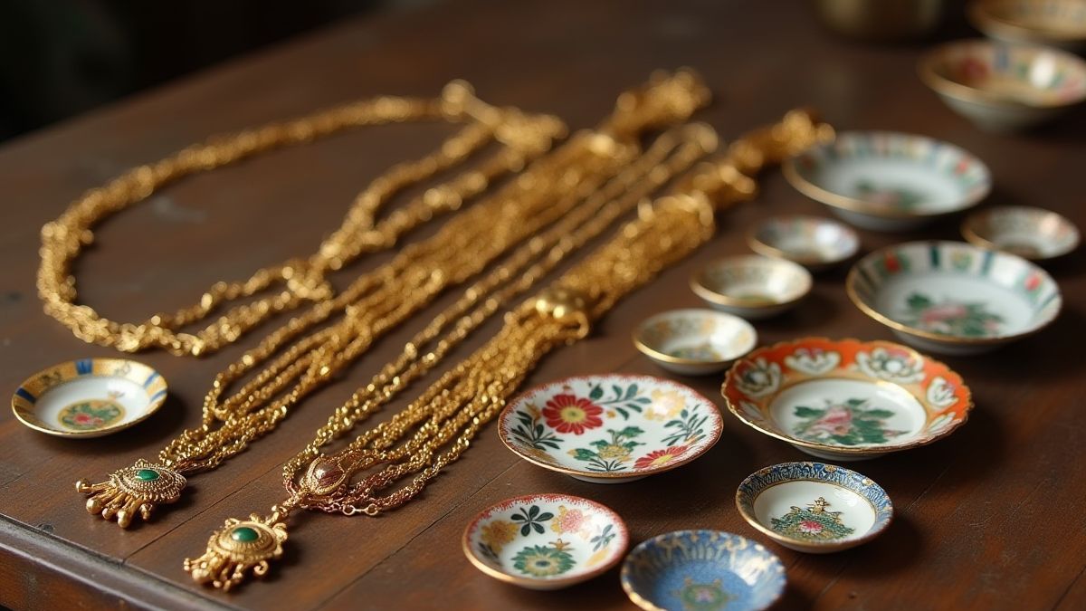 Collares de oro y platos de porcelana antigua sobre una mesa de madera.