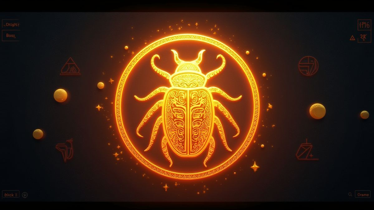 Leuchtendes Skarabäus-Symbol umgeben von mystischen ägyptischen Symbolen