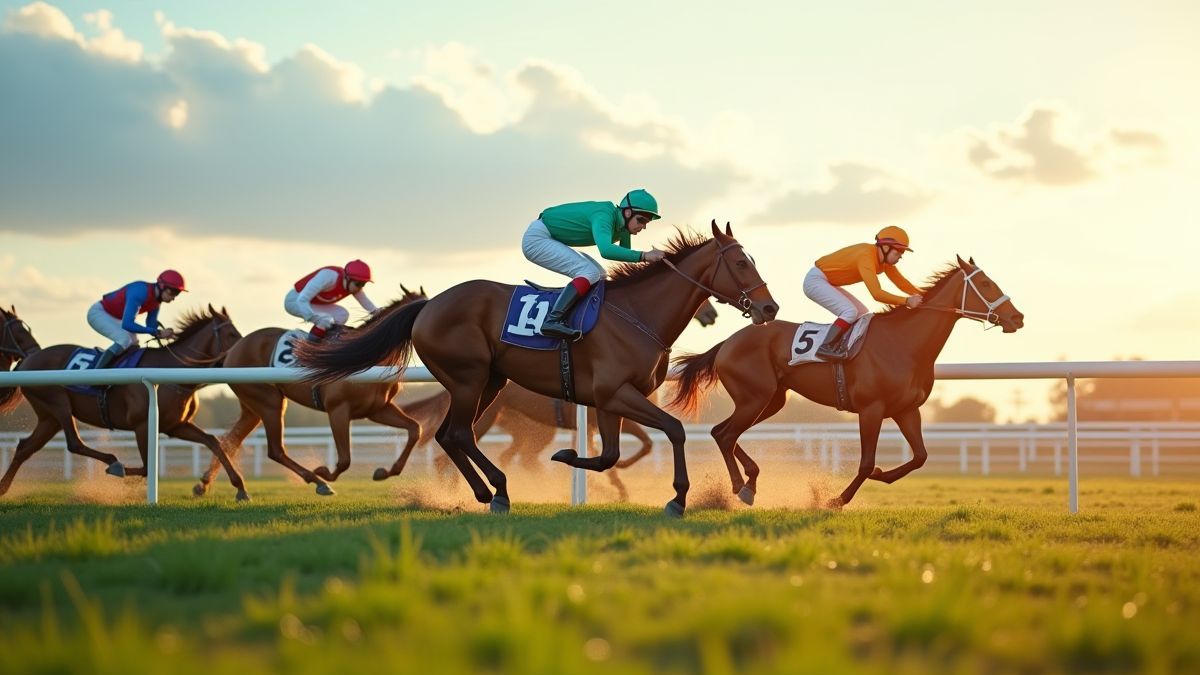 Scène animée d'une course de chevaux avec un jockey franchissant la ligne d'arrivée.