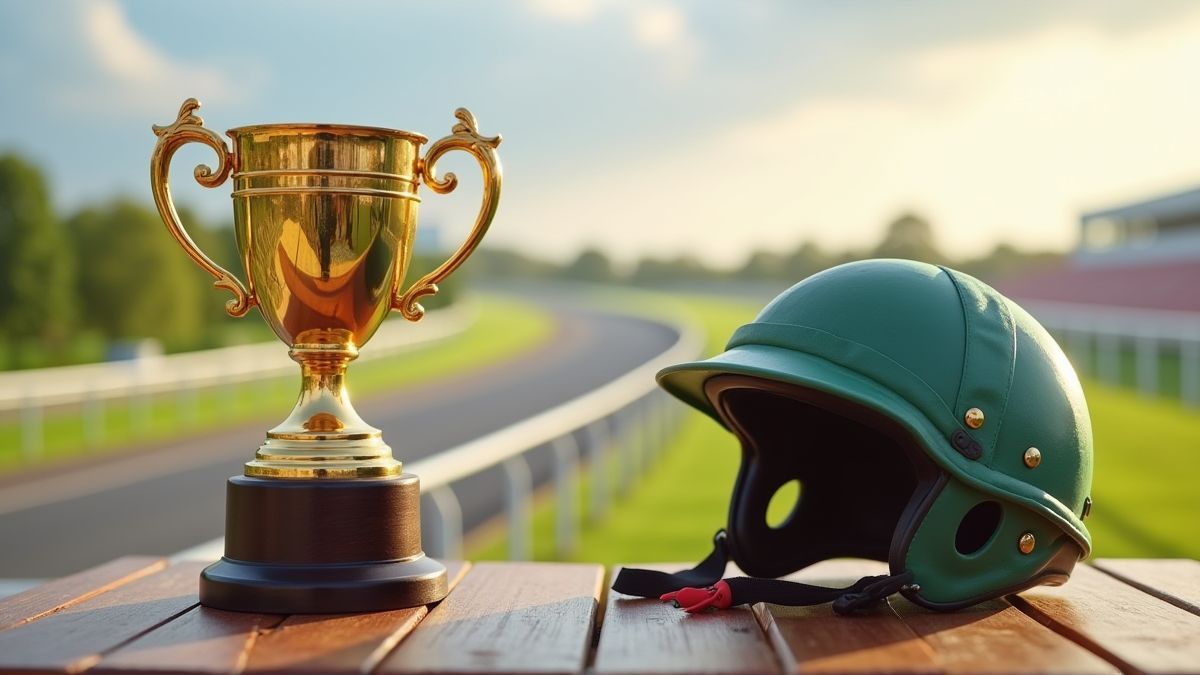 Trophée et casque de jockey sur une table en bois avec une piste de courses en arrière-plan.