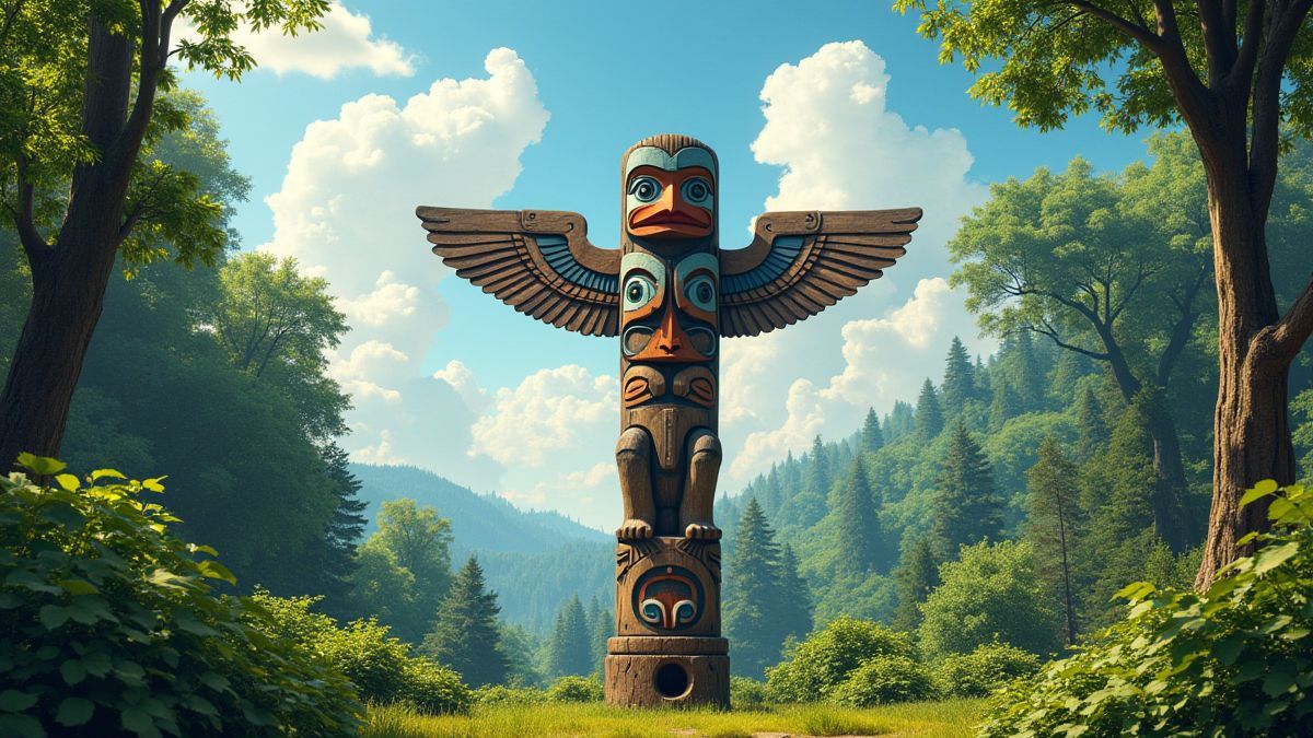 Totem nativo americano rodeado de naturaleza verde y cielo soleado.