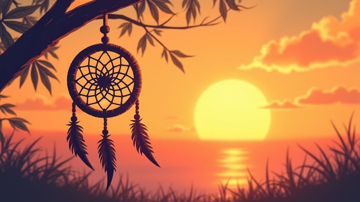 Atrapasueños colgando con un atardecer de fondo.