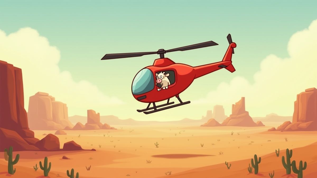 Een helikopter bestuurd door een koe boven een post-apocalyptische woestijn.