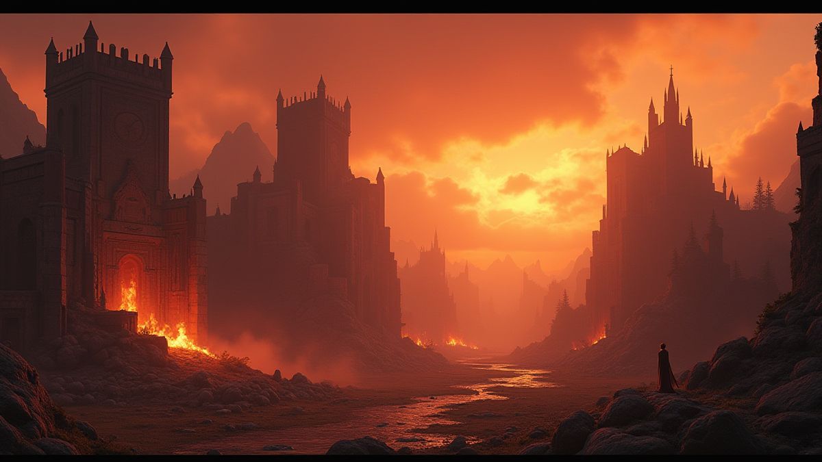 Paisaje medieval con ruinas y fuego en un ambiente apocalíptico.