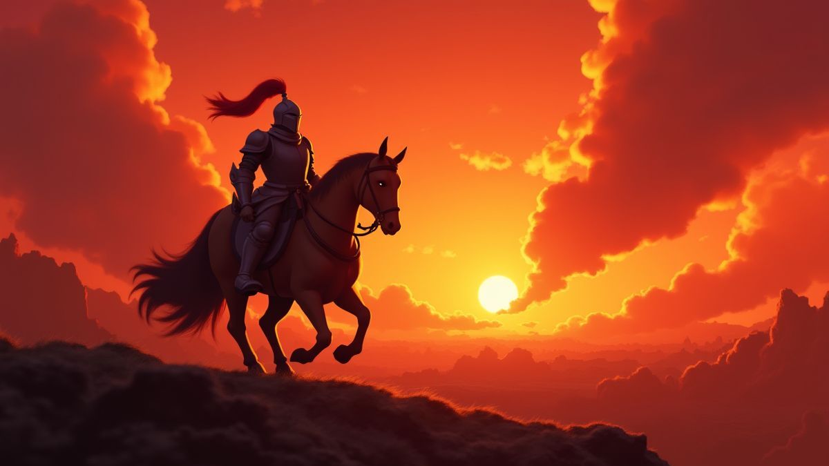 Caballero valiente avanzando hacia la batalla bajo un cielo ardiente.