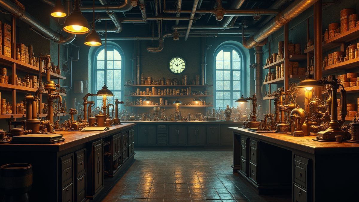 Steampunk laboratorium met glanzende machines.