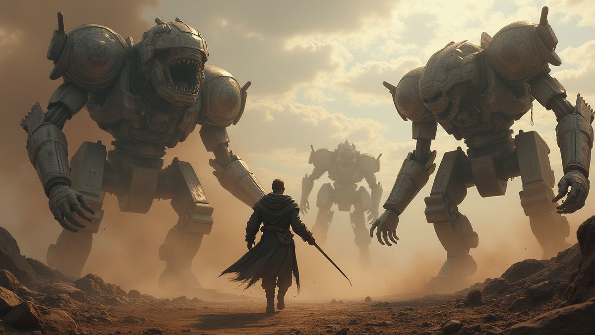 Held vecht tegen mechanische monsters in een post-apocalyptische woestenij.