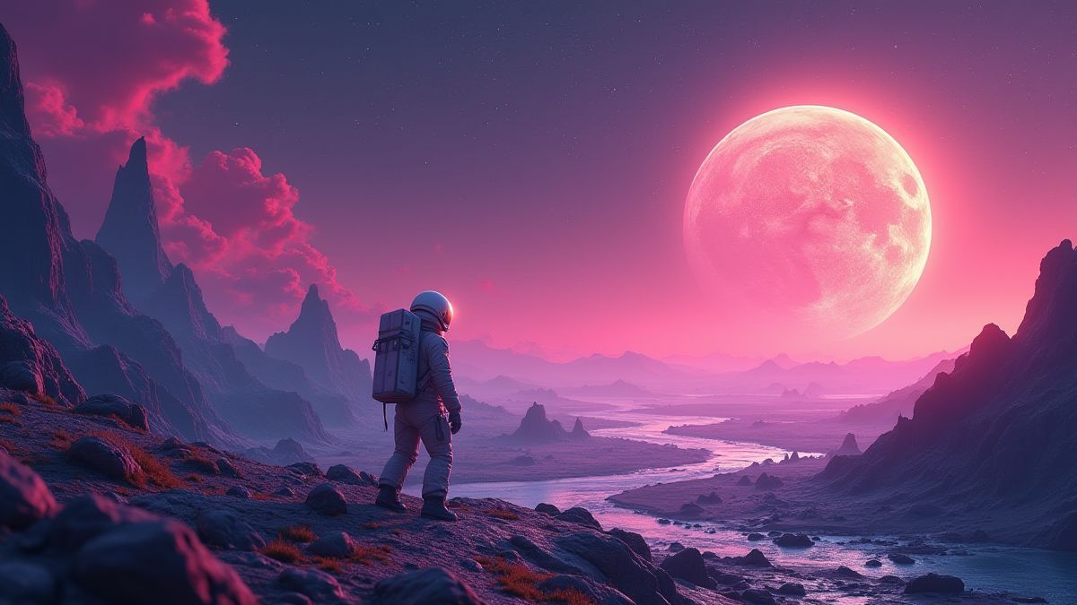 Astronaute futuriste explorant une planète extraterrestre aux paysages colorés.