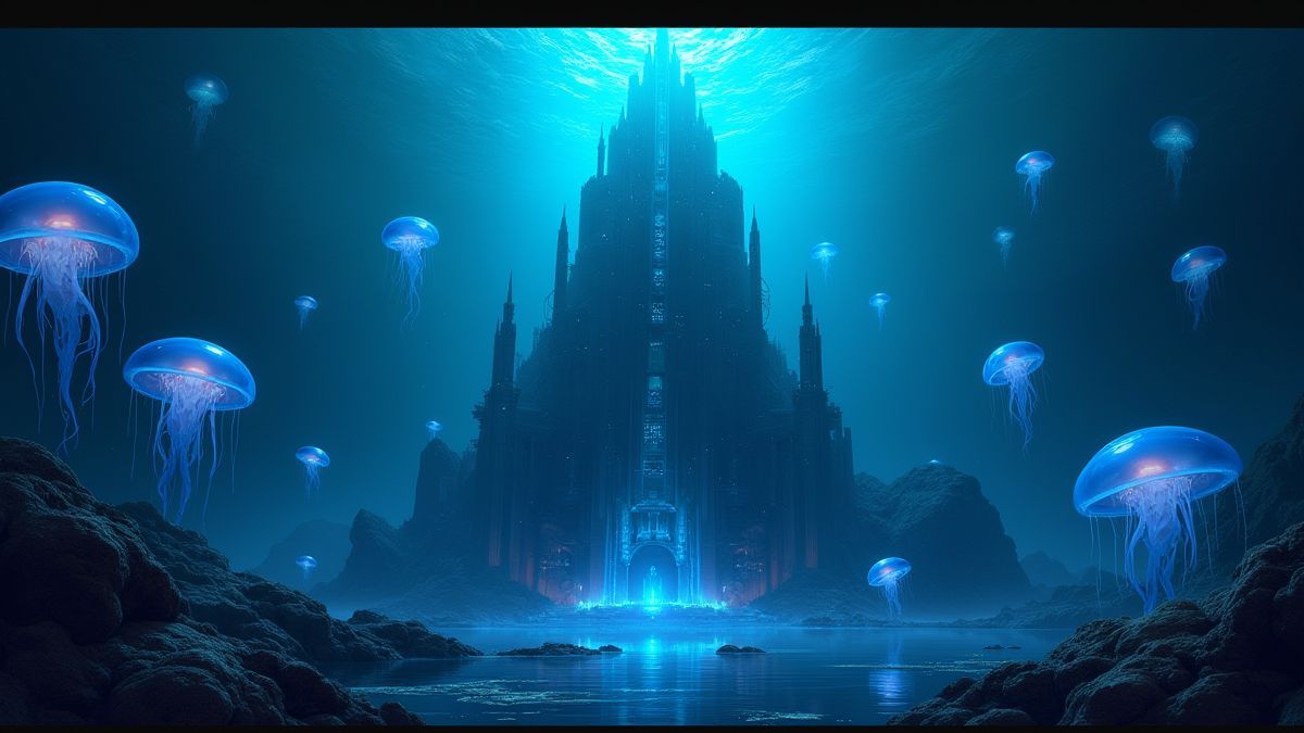 Temple sous-marin entouré de méduses lumineuses.