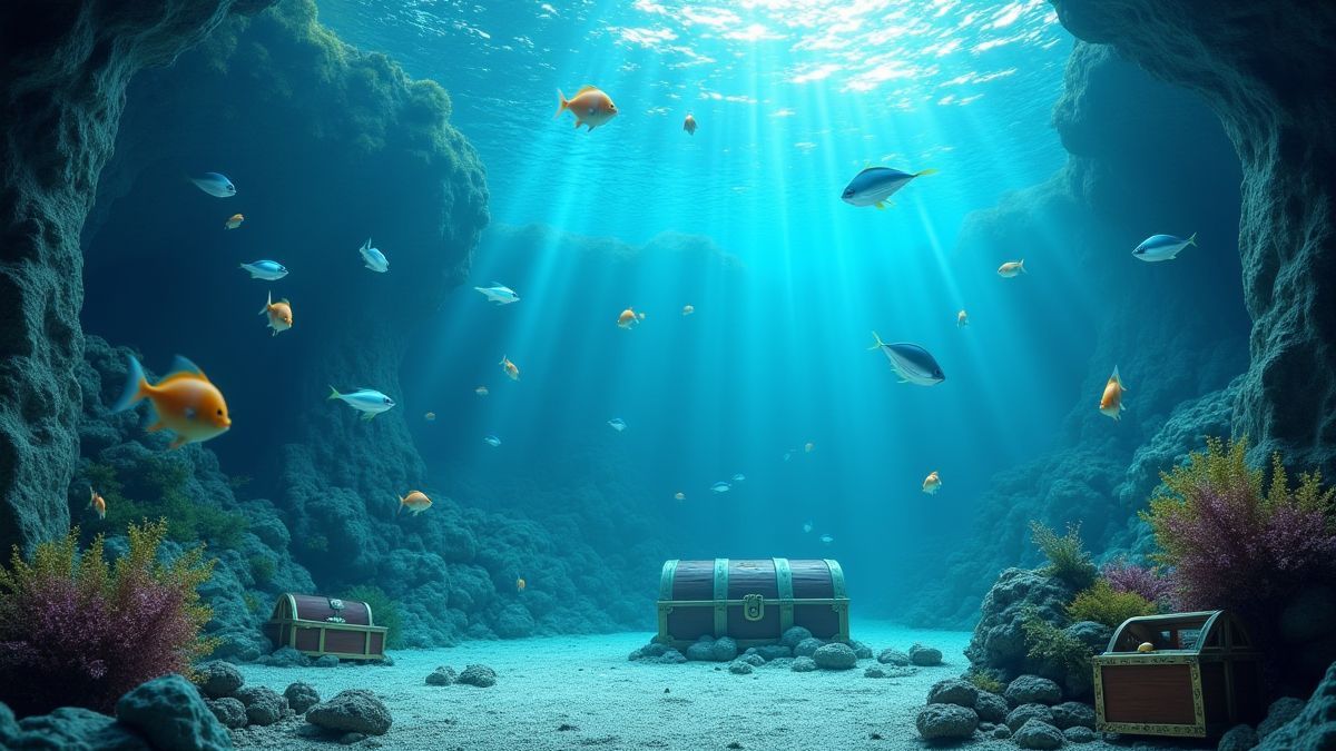 Un acuario interactivo con peces nadando y cofres del tesoro