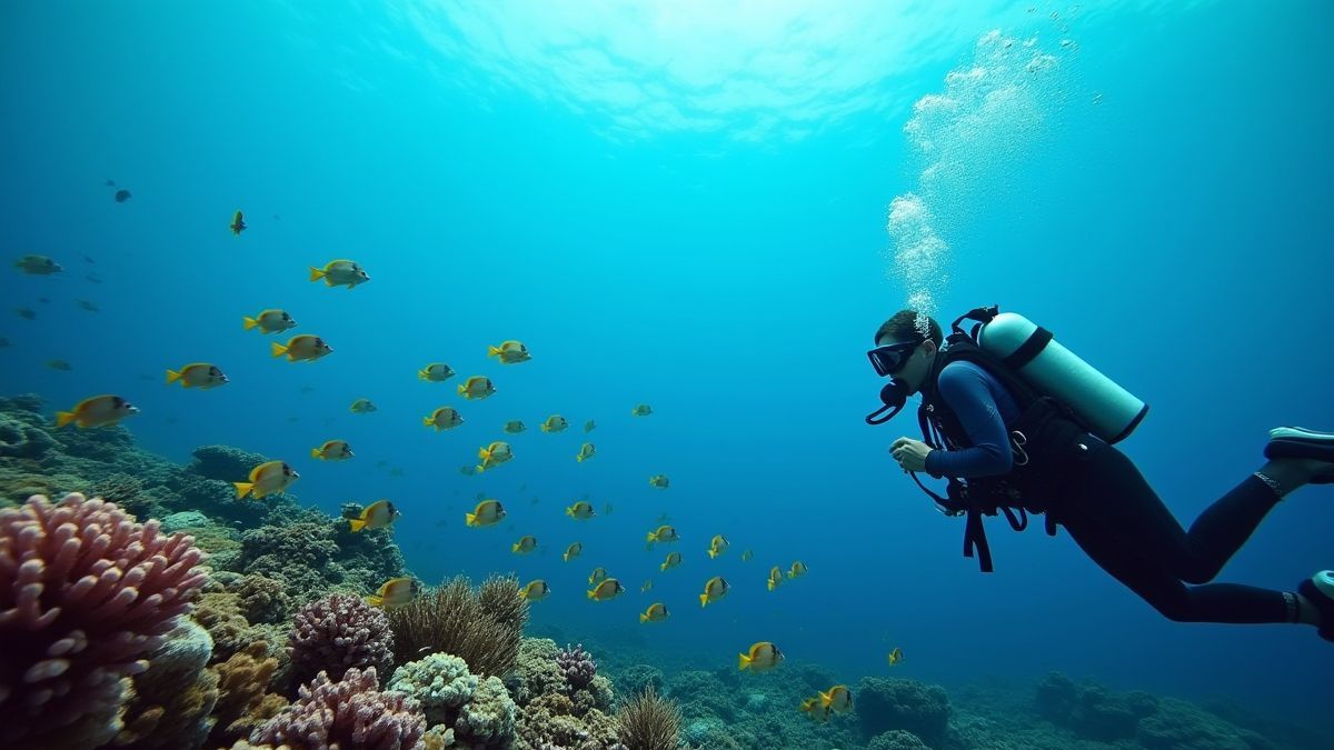 Un buzo explorando arrecifes de coral con bancos de peces