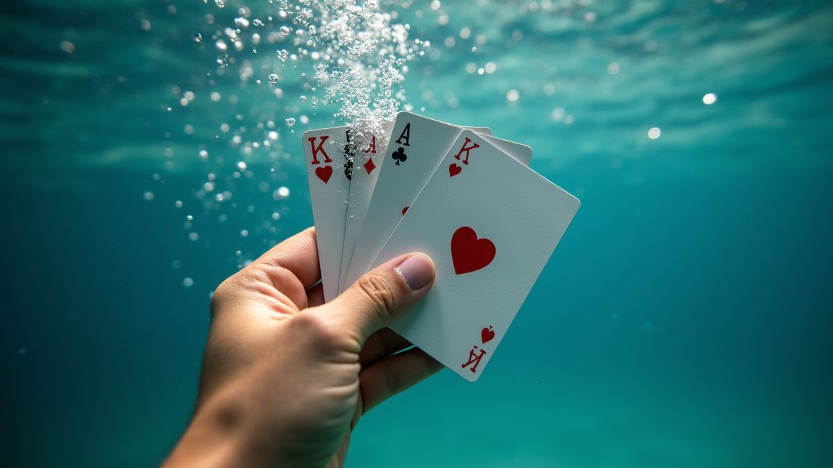 Cartas de jogo sob a água rodeadas de bolhas