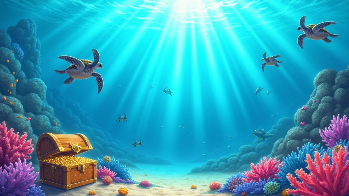 Uma cena submarina com corais e tesouros.