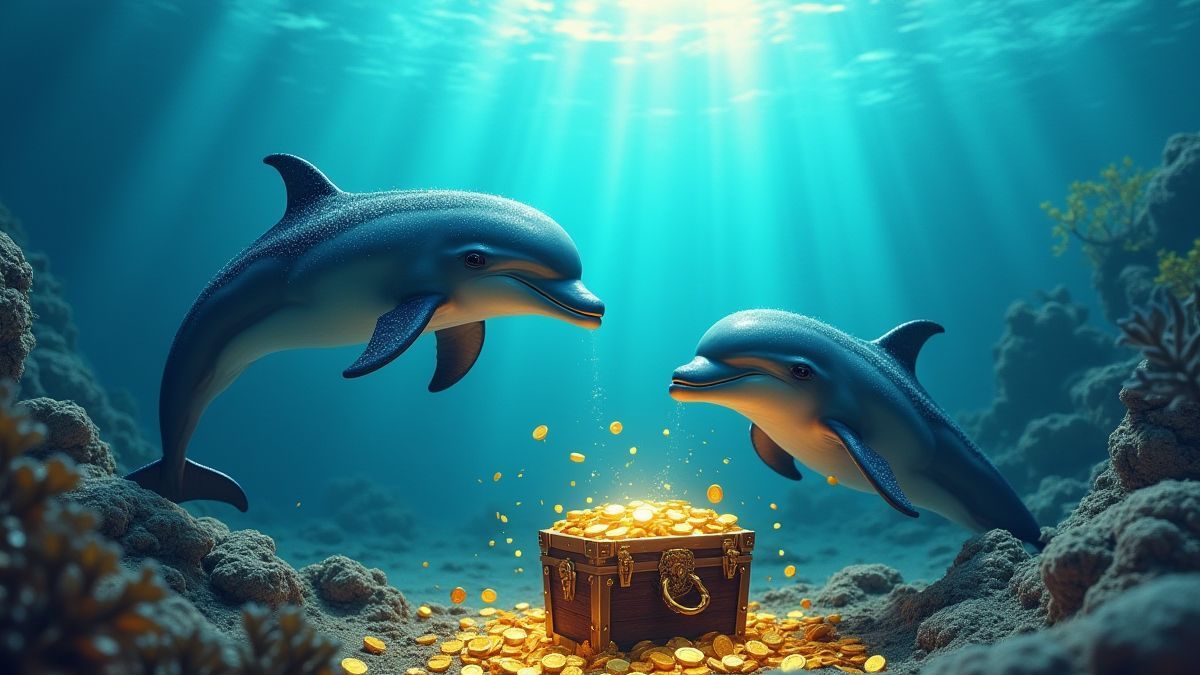 Delfines brincando com cofres de tesouro.