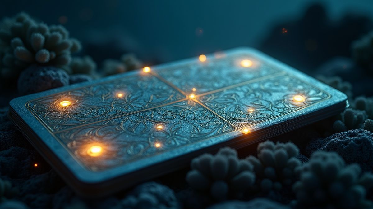 Paquet de cartes avec des effets brillants dans un environnement sous-marin.