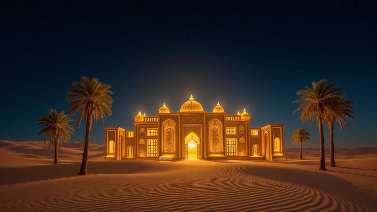 Een gouden paleis omgeven door duinen en palmbomen onder een sterry nachtelijke lucht.