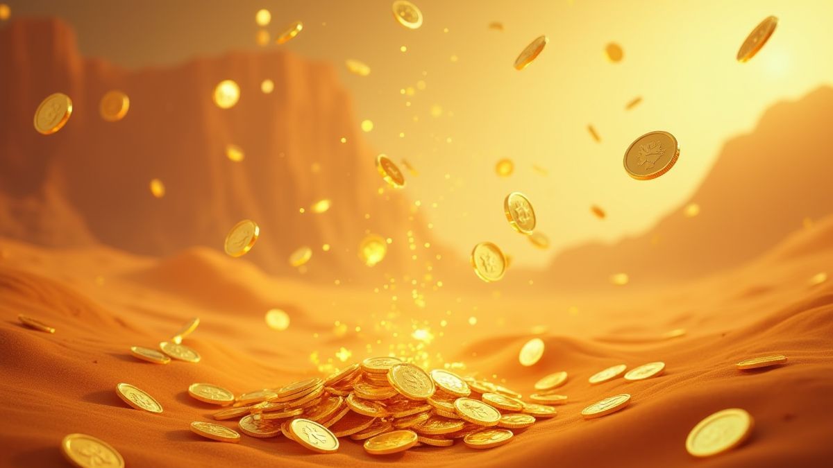 Gouden munten die vallen in een levendige woestijnsetting.