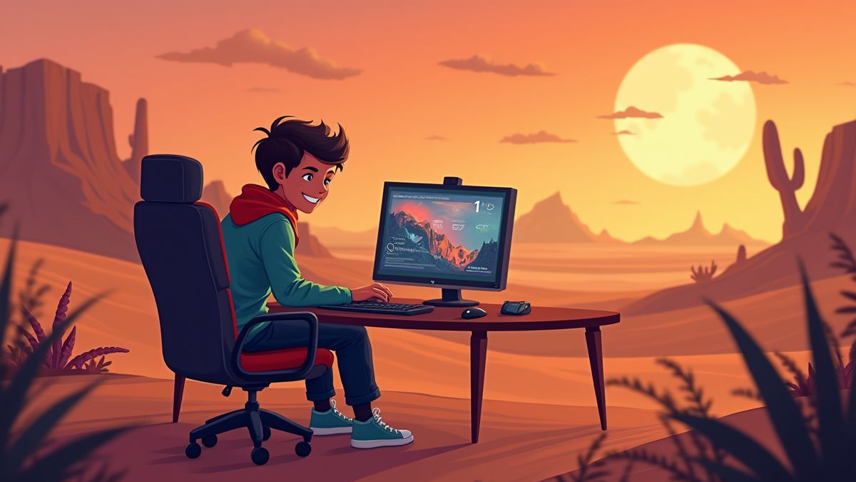 Blije speler voor een computer met een woestijn-thema achtergrond.