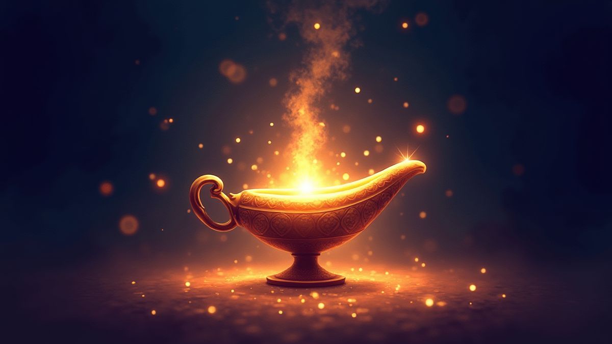 Een geest die uit een magische lamp komt, omringd door schitterende vonkjes.