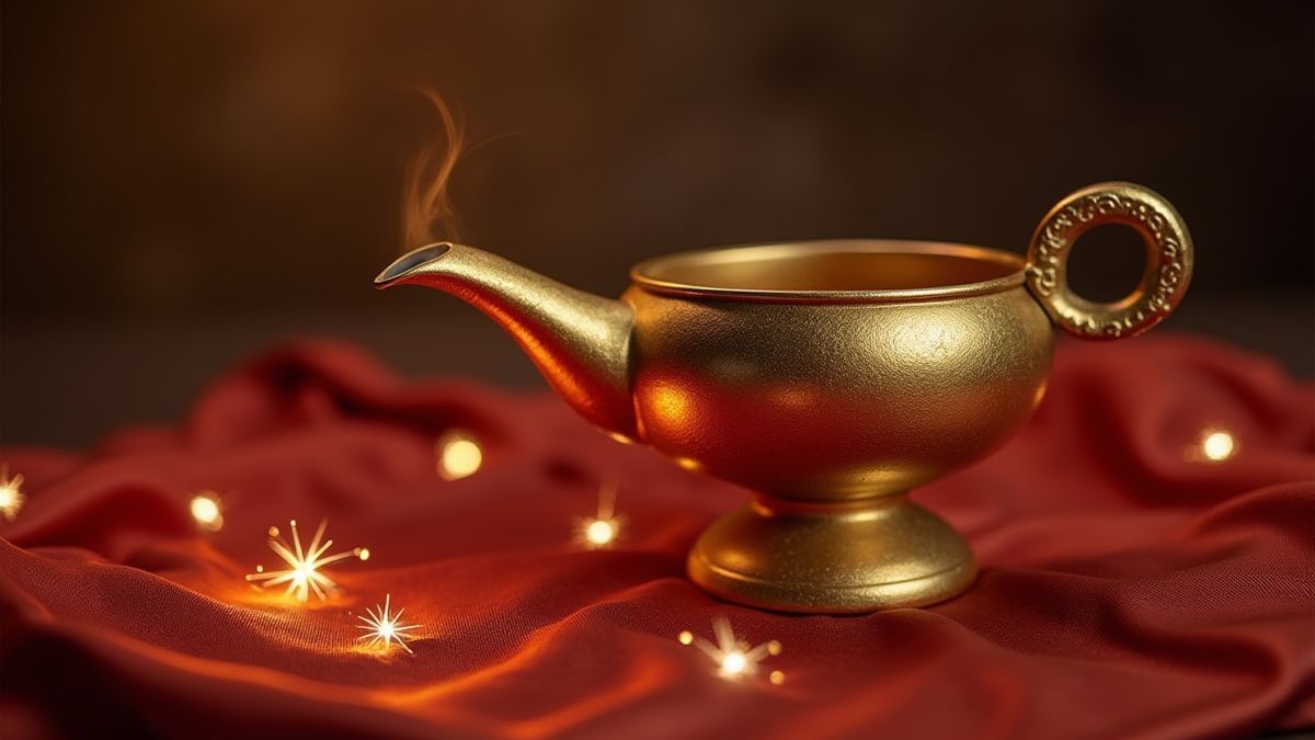 Een gouden magische lamp op een zijden doek.