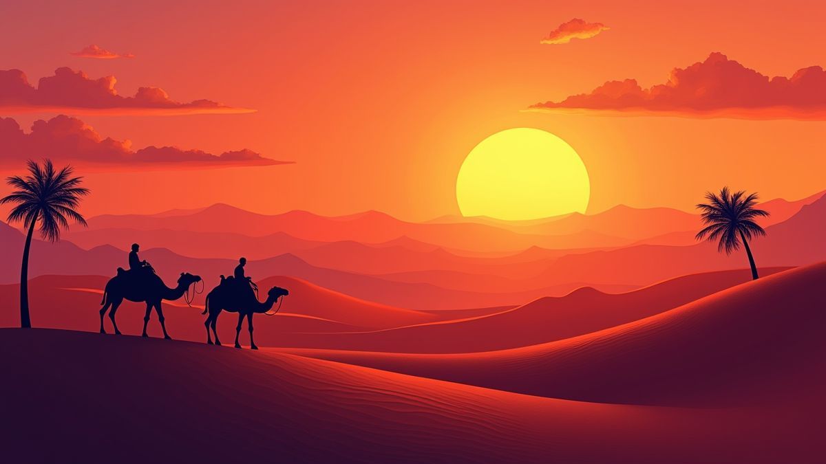 Een kleurrijke woestijn bij zonsondergang met duinen en palmbomen.