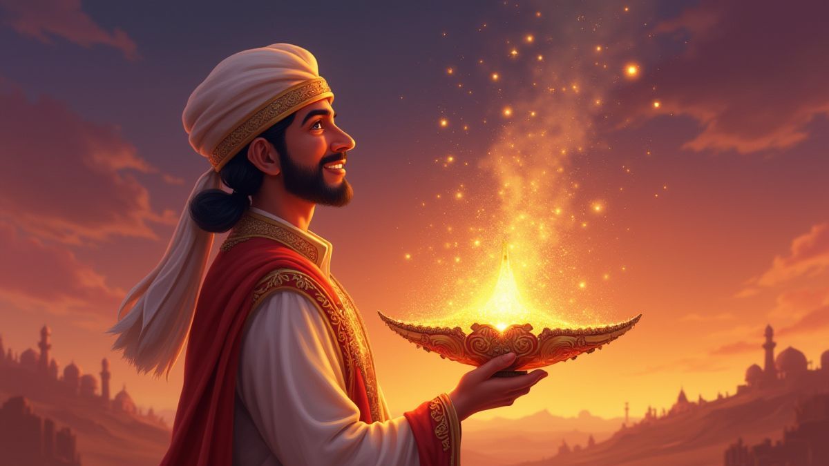 Arabian prince holding a magical lamp in a desert.