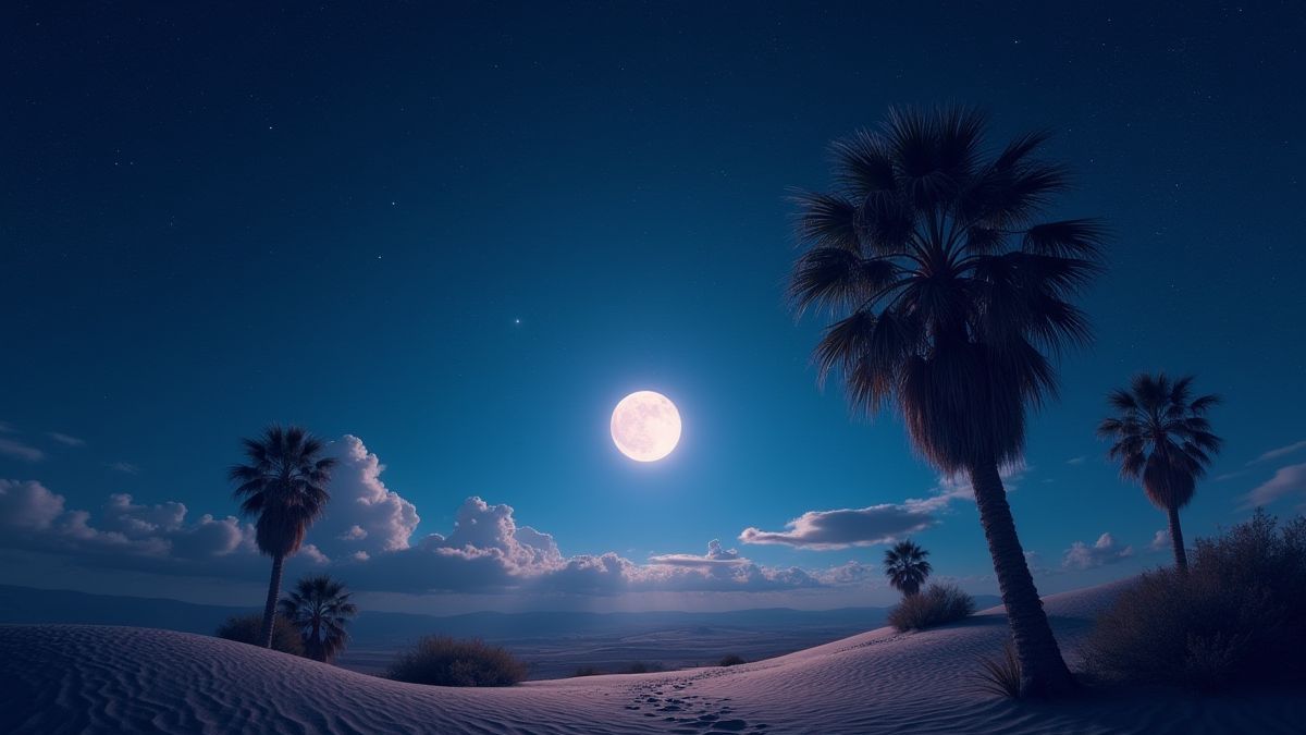 Una escena nocturna del desierto con palmeras y una luna brillante.