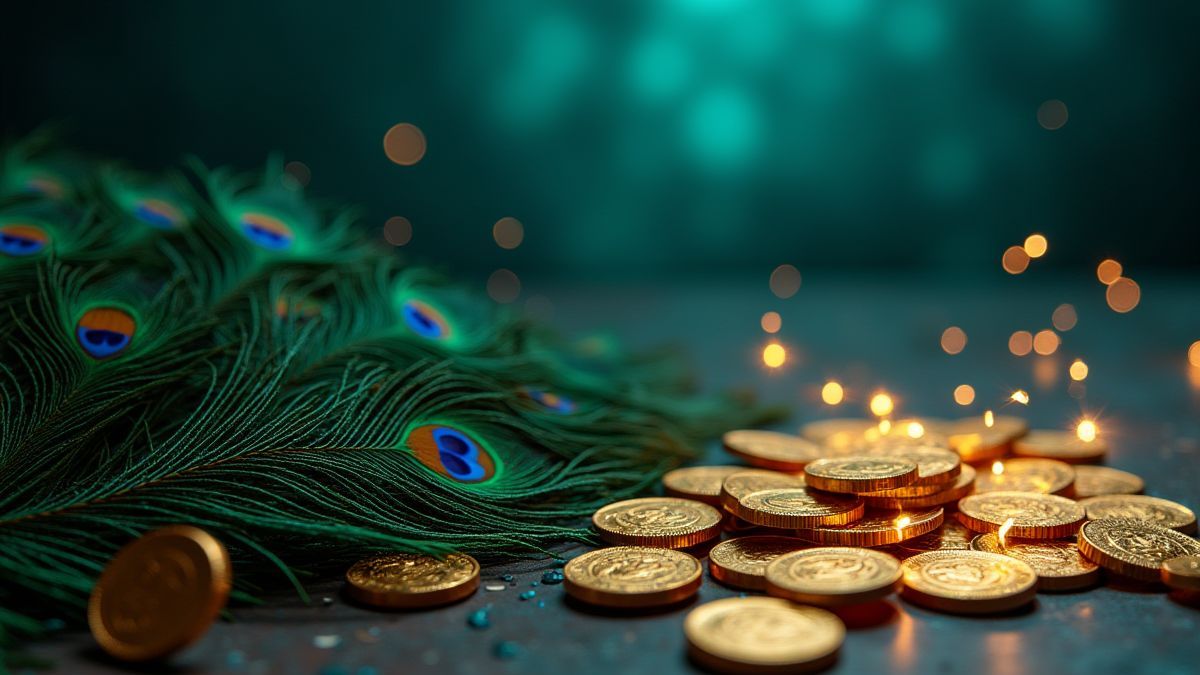 Un fond avec des plumes de paon et des pièces brillantes dans une ambiance arabe.