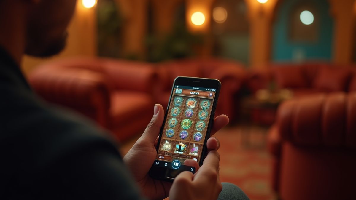Person playing on a mobile in an Arabian-style lounge.
