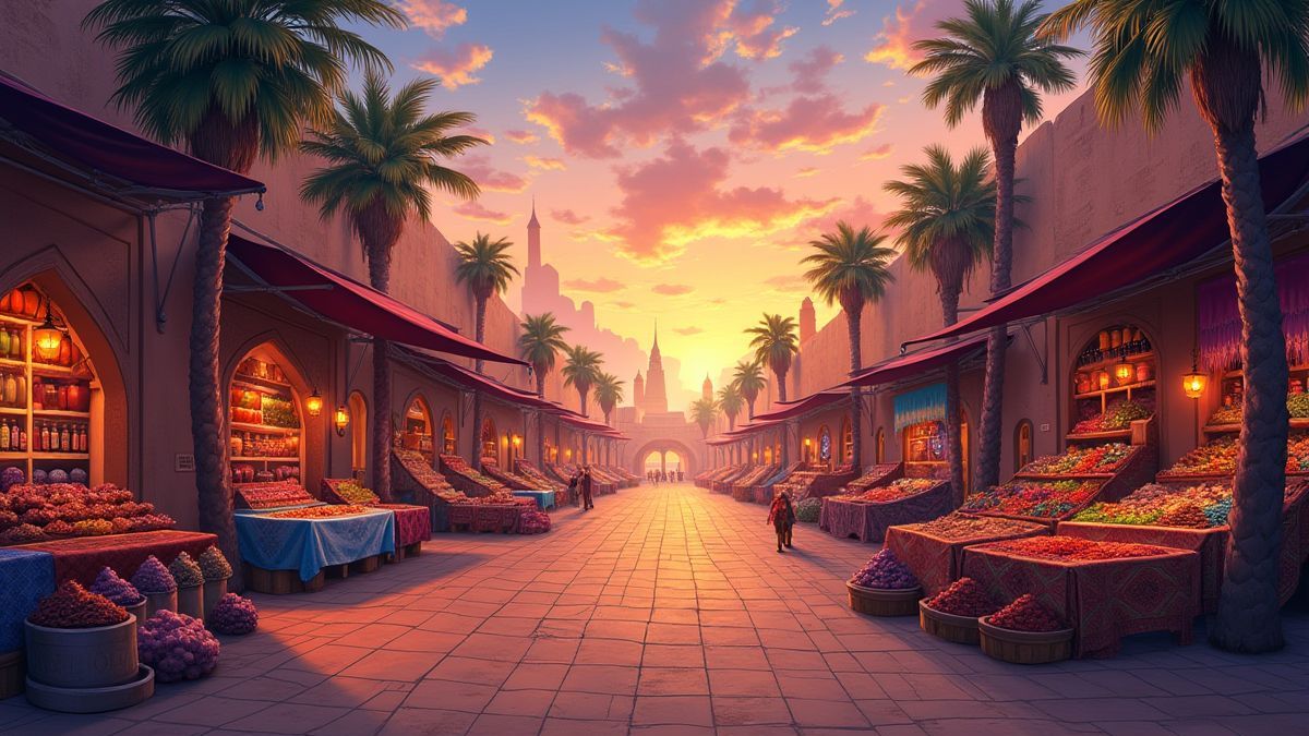 Lebhafter arabischer Markt mit bunten Stoffen und Gewürzen unter einem Abendhimmel.