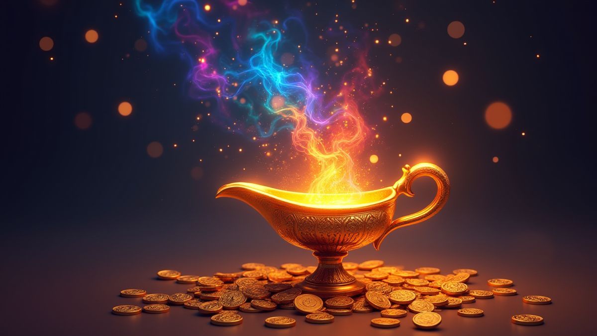 Bunter Dschinn, der aus einer leuchtenden Lampe auftaucht, umgeben von goldenen Münzen.