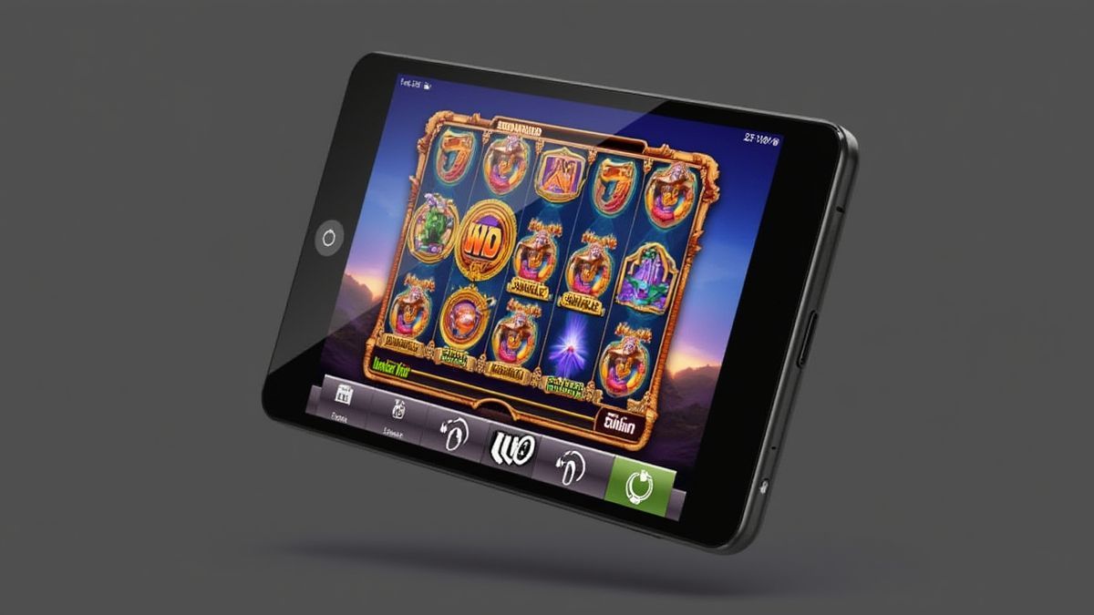 Um smartphone moderno mostrando a interface de um jogo de caça-níqueis colorido.