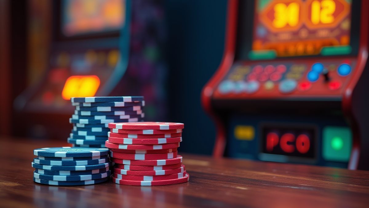 Uma pilha de fichas de cassino ao lado de uma máquina arcade retrô.