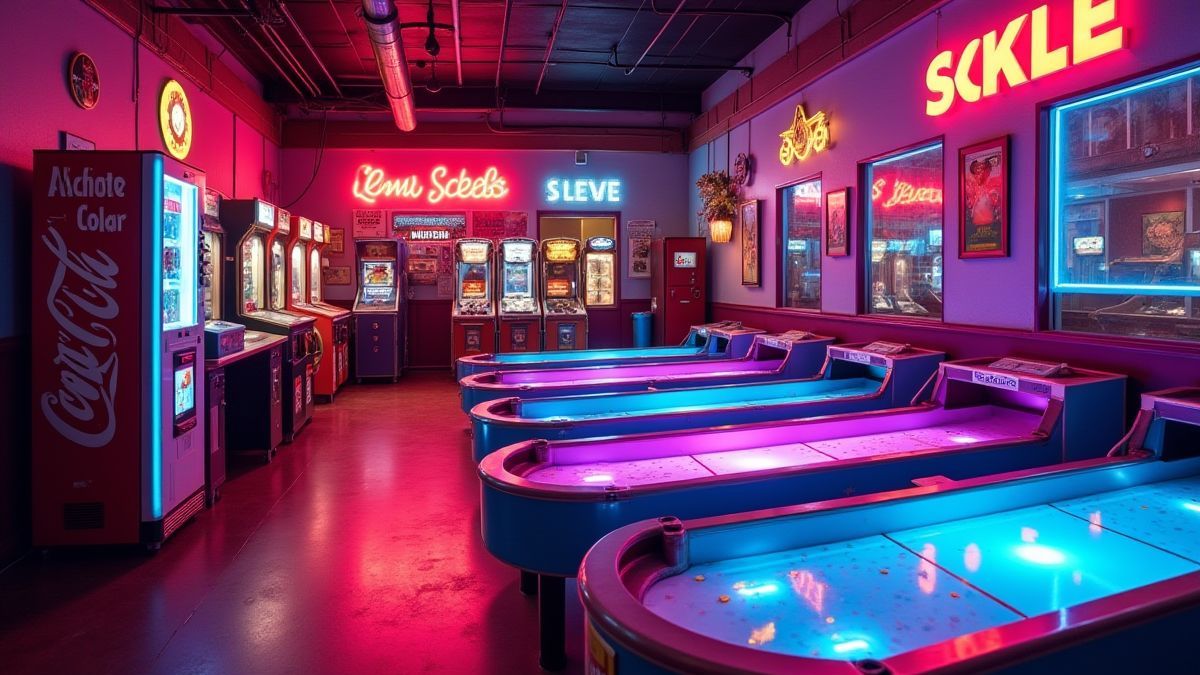 Salle de jeux illuminée avec des lumières néon et décoration rétro.