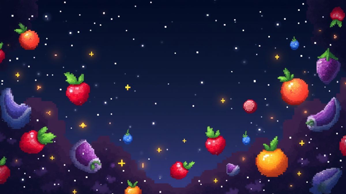 Símbolos de frutas em estilo 8-bit flutuando em um fundo galáctico.