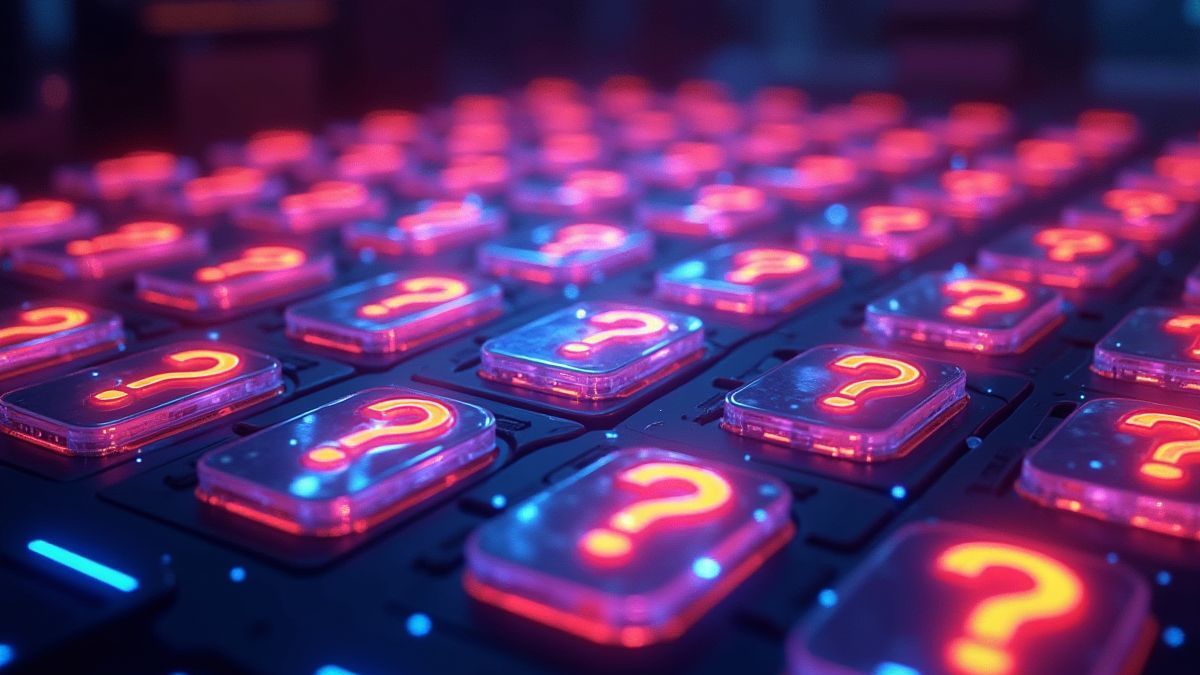 Quadrículas brilhantes com signos de interrogação e prêmios ocultos em um ambiente arcade futurista.