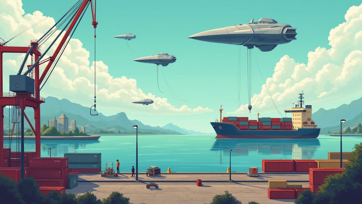 Puerto con contenedores y naves espaciales alienígenas.